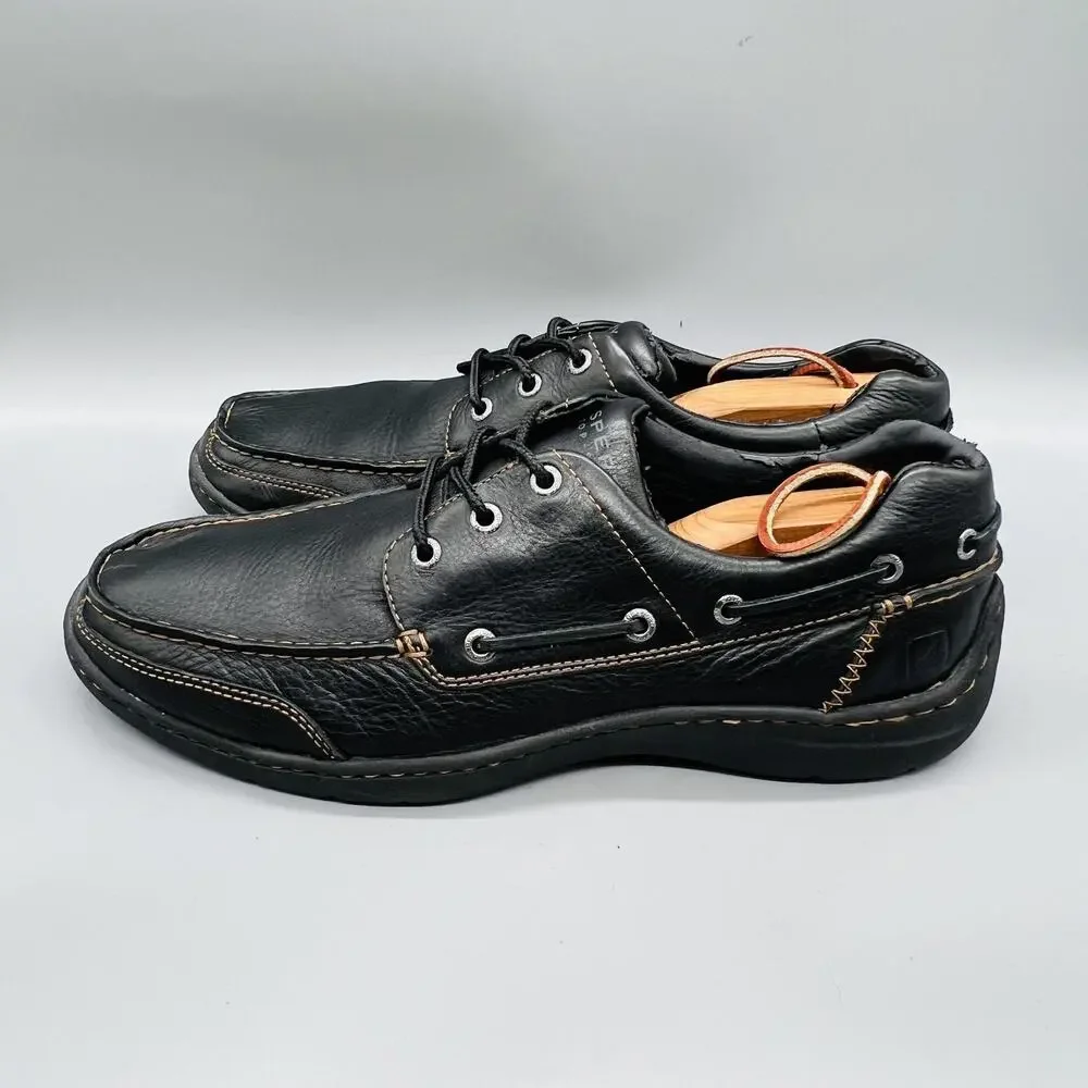 Sperry Shoes Mens 12 Black Leather Top Sider Boat Deck Moc Toe Casual Comfort